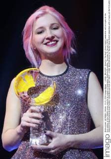 - LIEGE, BELGIUM: Alice On The Roof (Alice Dutoit) celebrates with a trophy at the first edition of the D6bels music awards for artists of Federation Wallonie-Bruxelles, Thursday 21 January 2016.  VIRGINIExLEFOUR 04779477