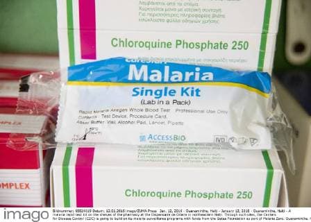 Jan. 12, 2016 - Ouanaminthe, Haiti - January 12, 2016 - Ouanaminthe, Haiti - A malaria rapid test kit on the shelves of the pharmacy at the Dispensaire de Dilaire in northeastern Haiti. Through such sites, the Centers for Disease Control (CDC) is going to build on its malaria surveillance programs with funds from the Gates Foundation as part of Malaria Zero. Ouanaminthe. Haiti - ZUMAsy5_
