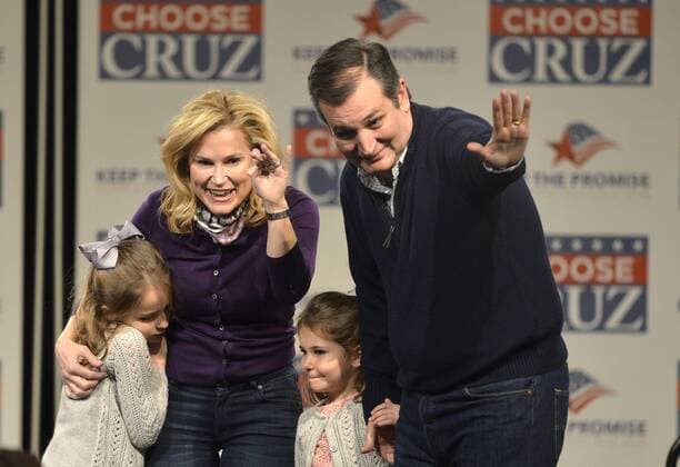Texas Sen. Ted Cruz, 2016 Republican presidential candidate, greets supporters with his wife, Heidi, and daughters Caroline (L) and Catherine at the conclusion of a Keep the Promise rally at Faith Baptist Bible College, January23, 2016, in Ankeny, Iowa. Cruz is running against a large field of GOP candidates, including real estate mogul Donald J. Trump, Florida Sen. Marco Rubio and retired neurosurgeon Ben Carson ahead of Iowa s first-in-the-nation caucuses, February 1.  IWP20160123514 MIKExTHEILER