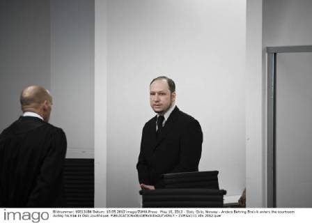 May 10, 2012 - Oslo, Oslo, Norway - Anders Behring Breivik enters the courtroom during his trial in Oslo courthouse. - ZUMAw111