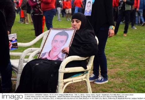Feb. 1, 2016 - Cairo, Cairo, Egypt - Relatives of al-Ahly fans, who were killed in what known as the Port Said massacre , attend the fourth anniversary of killing their relatives at al-Ahly club s training stadium, on February 1, 2016. On 1 February 2012, a massive riot occurred at Port Said Stadium in Port Said city, Egypt, following an Egyptian Premier League football match between El Masry and El Ahly clubs. At least 74 people were killed and more than 500 were injured after thousands of El Masry spectators stormed the stadium stands and the pitch Cairo Egypt - ZUMAap3_