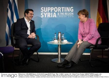 Feb. 4, 2016 - London, UK - Greek Prime Minister ALEXIS TSIPRAS speaks with German Chancellor ANGELA MERKEL during their bilateral meeting at the Supporting Syria and the Region conference at the Queen Elizabeth II Conference Centre in London. Leaders and diplomats around the world are meeting in London Thursday and pledging some billions of dollars to help millions of Syrian people displaced by war, and try to slow the chaotic exodus of refugees into Europe. London UK - ZUMAv62_