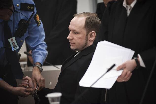 April 20, 2012 - Oslo, Norway - Norwegian terrorist ANDERS BEHRING BREIVIK in the Oslo court house where he described in chilling detail how he shot people who were begging for their lives during the massacre of a Labour Party youth camp on Utoeya island on July 22, 2011. - ZUMAw111