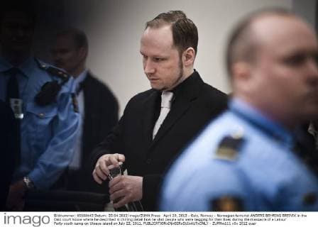 April 20, 2012 - Oslo, Norway - Norwegian terrorist ANDERS BEHRING BREIVIK in the Oslo court house where he described in chilling detail how he shot people who were begging for their lives during the massacre of a Labour Party youth camp on Utoeya island on July 22, 2011. - ZUMAw111