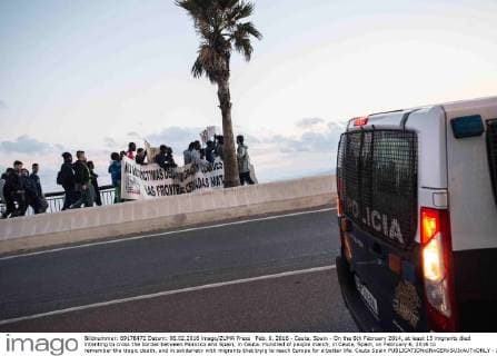 Feb. 6, 2016 - Ceuta, Spain - On the 6th February 2014, at least 15 migrants died intenting to cross the border between Morocco and Spain, in Ceuta. Hundred of people march, in Ceuta, Spain, on February 6, 2016 to remember the tragic death, and in solidariety with migrants that tryig to reach Europe for a better life. Ceuta Spain  - ZUMAn230