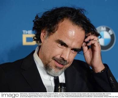 Director Alejandro Gonzalez Inarritu speaks with reporters backstage after winning the award for Outstanding Directorial Achievement in Feature Film for The Revenant during the 68th annual Directors Guild of America Awards at the Hyatt Regency Century Plaza in Los Angeles on February 6, 2016.  LAP2016020658 JIMxRUYMEN