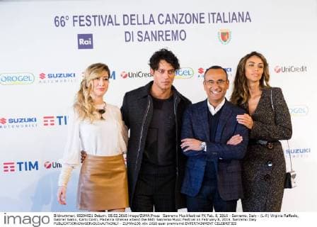 Sanremo Musikfestival PK Feb. 8, 2016 - Sanremo, Italy - (L-R) Virginia Raffaele, Gabriel Garko, Carlo Conti, Madalina Ghenea attend the 66th Sanremo Music Festival on February 8, 2016. Sanremo Italy  - ZUMAn230