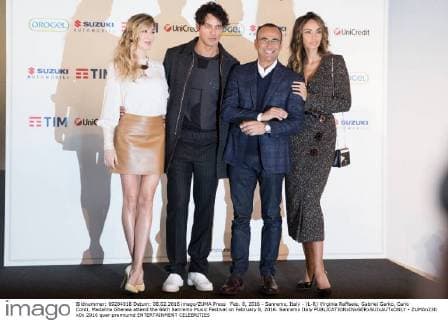 Feb. 8, 2016 - Sanremo, Italy - (L-R) Virginia Raffaele, Gabriel Garko, Carlo Conti, Madalina Ghenea attend the 66th Sanremo Music Festival on February 8, 2016. Sanremo Italy  - ZUMAn230