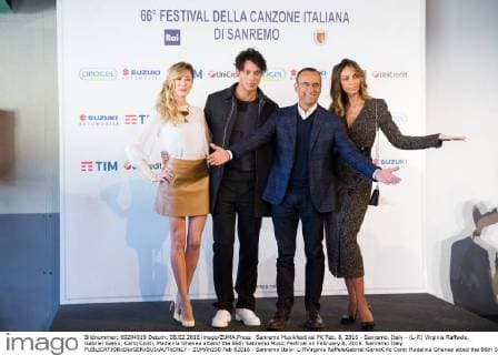 Sanremo Musikfestival PK Feb. 8, 2016 - Sanremo, Italy - (L-R) Virginia Raffaele, Gabriel Garko, Carlo Conti, Madalina Ghenea attend the 66th Sanremo Music Festival on February 8, 2016. Sanremo Italy  - ZUMAn230