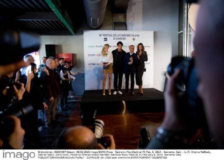Sanremo Musikfestival PK Feb. 8, 2016 - Sanremo, Italy - (L-R) Virginia Raffaele, Gabriel Garko, Carlo Conti, Madalina Ghenea attend the 66th Sanremo Music Festival on February 8, 2016. Sanremo Italy  - ZUMAn230