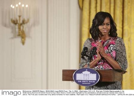 Feb. 8, 2016 - Washington, D.C, U.S - First lady Michelle Obama speaks in the State Dining Room at the White House during a Black History month event highlighting the contributions African American women have made to dance. The First Lady hosted a day-long dance workshop for local students. Washington U.S. - ZUMAc140