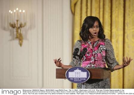 Feb. 8, 2016 - Washington, D.C, U.S - First lady Michelle Obama speaks in the State Dining Room at the White House during a Black History month event highlighting the contributions African American women have made to dance. The First Lady hosted a day-long dance workshop for local students. Washington U.S. - ZUMAc140