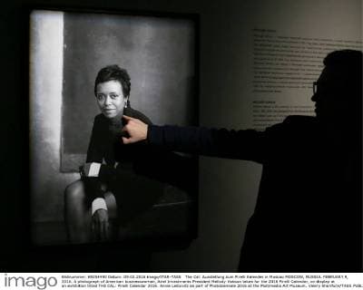 The Cal: Ausstellung zum Pirelli Kalender in Moskau MOSCOW, RUSSIA. FEBRUARY 9, 2016. A photograph of American businesswoman, Ariel Investments President Mellody Hobson taken for the 2016 Pirelli Calendar, on display at an exhibition titled THE CAL: Pirelli Calendar 2016. Annie Leibovitz as part of Photobiennale 2016 at the Multimedia Art Museum. Valery Sharifulin TASS  TS016E21
