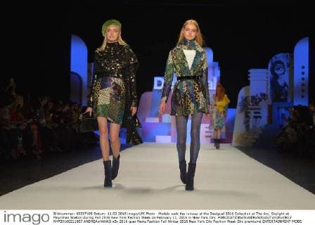Models walk the runway at the Desigual 2016 Collection at The Arc, Skylight at Moynihan Station during Fall 2016 New York Fashion Week on February 11, 2016 in New York City.  NYP20160211807 ANDREAxHANKS