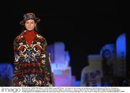 A model on the runway at the Desigual 2016 Collection at The Arc, Skylight at Moynihan Station during Fall 2016 New York Fashion Week on February 11, 2016 in New York City.  NYP20160211817 ANDREAxHANKS