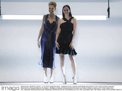 Designers Carly Cushnie and Michelle Ochs stand on the runway at the Cushnie Et Ochs Fall 2016 Fashion Show at The Gallery, Skylight at Clarkson Sq during Fall 2016 New York Fashion Week on February 12, 2016 in New York City.  NYP20160212145 JOHNxANGELILLO