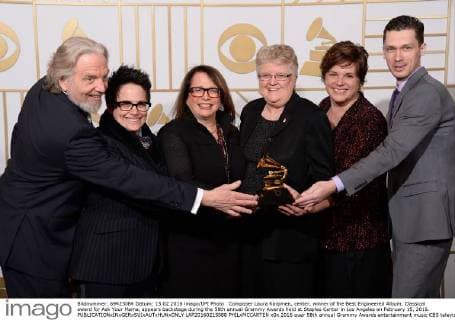 Composer Laura Karpmen, center, winner of the Best Engineered Album, Classical award for Ask Your Mama, appears backstage during the 58th annual Grammy Awards held at Staples Center in Los Angeles on February 15, 2016.  LAP20160215888 PHILxMCCARTEN