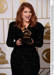 Singer Meghan Trainor, winner of the Best New Artist award, appears backstage during the 58th annual Grammy Awards held at Staples Center in Los Angeles on February 15, 2016.  LAP201602151030 PHILxMCCARTEN