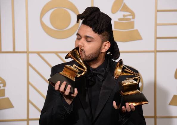 The Weeknd, winner of the Best R&B Performance award for Earned It, and Best Urban Contemporary Album award for Beauty Behind The Madness, appears backstage with the award for XXX during the 58th annual Grammy Awards held at Staples Center in Los Angeles on February 15, 2016.  LAP201602151042 PHILxMCCARTEN