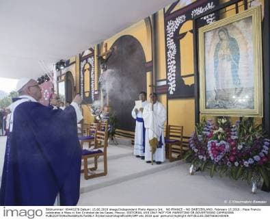 NO FRANCE - NO SWITZERLAND: February 15 2016 : Pope Francis celebrates a Mass in San Cristobal de las Casas, Mexico. EDITORIAL USE ONLY NOT FOR MARKETING OR ADVERTISING CAMPAIGNS  Â©ServizioFotograficoOR CPP