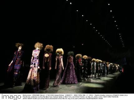 (160217) -- NEW YORK, Feb. 17, 2016 -- Models display creations of NAEEM KHAN 2016 Fall Winter collection during the New York Fashion Week in New York, the United States, on Feb. 17, 2016. ) U.S.-NEW YORK-FASHION WEEK-NAEEM KHAN QinxLang 