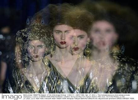 (160217) -- NEW YORK, Feb. 17, 2016 -- This multiple exposure photo shows a model displaying a creation of NAEEM KHAN 2016 Fall Winter collection during the New York Fashion Week in New York, the United States, on Feb. 17, 2016. ) U.S.-NEW YORK-FASHION WEEK-NAEEM KHAN WangxLei 