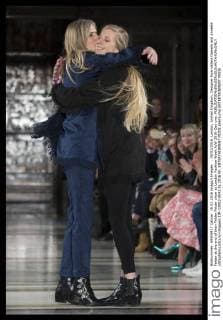 . 19 02 2016. London, United Kingdom. Designer twin sisters Daniela and Annette Felder at the end of their Felder Felder show at London Fashion Week A W 2016-Day one.  xStephenxLockx xi-Imagesx IIM-12002-0042