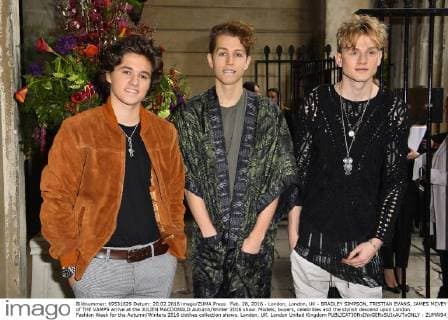 Feb. 20, 2016 - London, London, UK - BRADLEY SIMPSON, TRISTIAN EVANS, JAMES MCVEY of THE VAMPS arrive at the JULIEN MACDONALD Autumn Winter 2016 show. Models, buyers, celebrities and the stylish descend upon London Fashion Week for the Autumn Winters 2016 clothes collection shows. London, UK. London United Kingdom  - ZUMAl94_