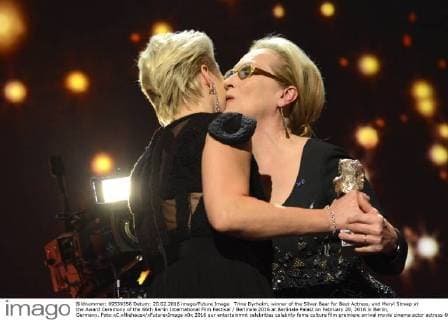 Trine Dyrholm, winner of the Silver Bear for Best Actress, and Meryl Streep at the Award Ceremony of the 66th Berlin International Film Festival Berlinale 2016 at Berlinale Palast on February 20, 2016 in Berlin, Germany. Foto:xC.xNiehausx xFuturexImage