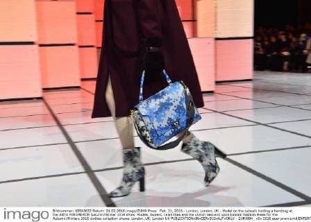 Feb. 21, 2016 - London, London, UK - Model on the catwalk holding a handbag at the ANYA HINDMARCH Autumn Winter 2016 show. Models, buyers, celebrities and the stylish descend upon London Fashion Week for the Autumn Winters 2016 clothes collection shows. London, UK. London UK  - ZUMAl94_