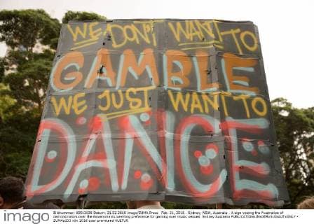 Feb. 21, 2016 - Sydney, NSW, Australia - A sign voicing the frustration of demonstrators over the Governments seeming preference for gaming over music venues. Sydney Australia - ZUMAp133