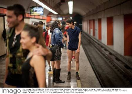 Residents take part in the seventh edition of the event No Pants Subway Ride at a subway platform in Mexico City, capital of Mexico, on Feb. 21, 2016. ) (vf) (ah) MEXICO-MEXICO CITY-SOCIETY-NO PANTS SUBWAY RIDE PedroxMera 