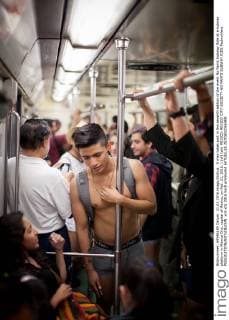 A man takes part in the seventh edition of the event No Pants Subway Ride at a subway platform in Mexico City, capital of Mexico, on Feb. 21, 2016. ) (vf) (ah) MEXICO-MEXICO CITY-SOCIETY-NO PANTS SUBWAY RIDE PedroxMera 