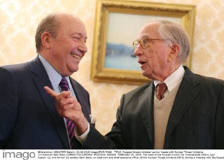 TITLE: Russian foreign minister Lavrov meets with Nuclear Threat Initiative co-chairman Sam Nunn CORRECTED CAPTION: MOSCOW, RUSSIA. FEBRUARY 24, 2016. The head of the Russian Council for International Affairs, Igor Ivanov (L), and former US senator Sam Nunn, co-chairman and chief executive officer of the Nuclear Threat Initiative (NTI), during a meeting with the Russian minister of foreign affairs. Sergei Savostyanov TASS  X0000BD8