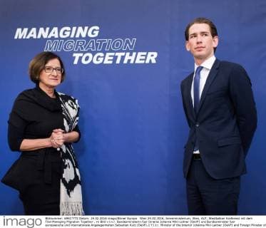 Wien 24.02.2016, Innenministerium, Wien, AUT, Westbalkan Konferenz mit dem Titel Managing Migration Together , im Bild v.l.n.r. Bundesministerin fuer Inneres Johanna Mikl-Leitner (OeVP) und Bundesminister fuer europaeische und internationale Angelegenheiten Sebastian Kurz (OeVP) f.l.t.r. Minister of the Interior Johanna Mikl-Leitner (OeVP) and Foreign Minister of Austria Sebastian Kurz (OeVP) during Western Balkans Summit Managing Migration Together at Ministry of the Interior in Vienna, Austria on 2016 02 24,  EP_gru