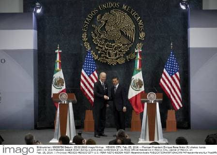 MEXICO CITY, Feb. 25, 2016 -- Mexican President Enrique Pena Nieto (R) shakes hands with U.S. vice President Joseph Biden during a joint press conference at Los Pinos Official Residence in Mexico City, capital of Mexico, on Feb. 25, 2016. ) (fnc) (sp) MEXICO-MEXICO CITY-U.S.-PENA NIETO-BIDEN-MEET AlejandroxAyala 