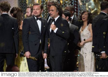 Feb 28, 2016 - Hollywood, California, U.S. - Leonardo DICAPRIO (Di Caprio), Oscar-winner for Performance by an actor in a Leading role, for work on œThe Revenant and Alejandro G. Inarritu, Oscar-winner for Achievement in directing, for work on œThe Revenant celebrate onstage during the live ABC Telecast of The 88th Oscars at the Dolby Theatre. Hollywood U.S. - ZUMAz03_