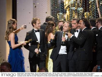 Feb 28, 2016 - Hollywood, California, U.S. - Oscar-winner, Brie Larson takes a photo with Oscar-winner, Laszlo Nemes of Oscar-winner, Emmanuel Lubezki, Oscar-winner, Leonardo DiCaporio and Oscar-winner, Alejandro Gonzalez Inarritu after the live ABC Telecast of The 88th Oscars at the Dolby Theatre. Hollywood U.S. - ZUMAz03_
