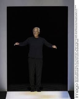 Designer Giorgio Armani greets the audience at the Giorgio Armani women s Fall-Winter 2016-2017 collection during Milan Fashion Week in Milan, Italy, Feb. 29, 2016. ) (lyi) ITALY-MILAN-FASHION WEEK-GIORGIO ARMANI JinxYu 