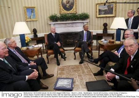 March 1, 2016 - Washington, District of Columbia, United States of America - United States President Barack Obama meets with the bipartisan leaders of the US Senate and the bipartisan leaders of the US Senate Judiciary Committee to talk about the Supreme Court vacancy left by the death of Associate Justice Antonin Scalia, in the Oval Office of the White House. From left to right: US Senator Patrick Leahy (Democrat of Vermont), Ranking Member, US Senate Judiciary Committee; US Senate Minority Leader Harry Reid (Democrat of Nevada); US Vice President Joe Biden; the President; US Senate Majority Leader Mitch McConnell (Republican of Kentucky); and US Senator Chuck Grassley (Republican of Iowa), Chairman, US Senate Judiciary Committee. In what was described as a œvery short meeting, the Republicans advised Obama there would be no hearings and no vote on any nominee he submits to replac - ZUMAs152