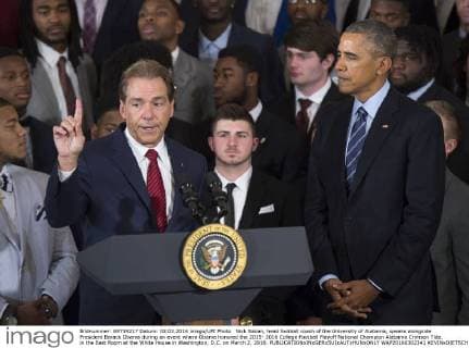 Nick Saban, head football coach of the University of Alabama, speaks alongside President Barack Obama during an event where Obama honored the 2015- 2016 College Football Playoff National Champion Alabama Crimson Tide, in the East Room at the White House in Washington, D.C. on March 2, 2016.  WAP20160302341 KEVINxDIETSCH