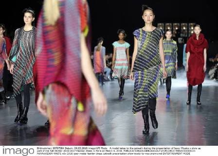 A model takes to the catwalk during the presentation of Issey Miyake s show as part of the Fall-Winter 2016-2017 Fashion Week in Paris on March 4, 2016.  PAR20160304101 MAYAxVIDON-WHITE