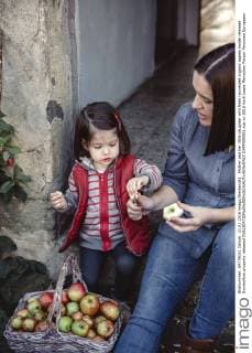 Mother and her little daughter with fresh harvested organic apples model released Symbolfoto property released  DAPF000001