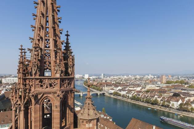 Switzerland, Basel, Basel Minster Tower, city and Rhine River view from Basel Minster  GWF004575