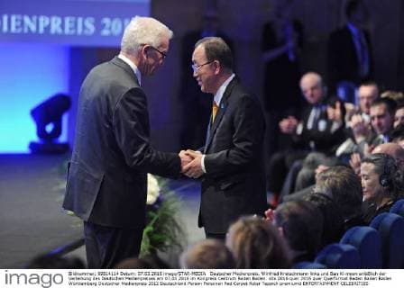 Deutscher Medienpreis. Winfried Kretschmann links und Ban Ki-moon anläßlich der Verleihung des Deutschen Medienpreises am 07.03.2016 im Kongress Centrum Baden Baden.