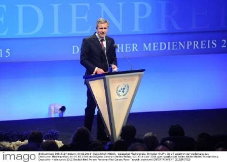 Deutscher Medienpreis. Christian Wulff ( CDU ) anläßlich der Verleihung des Deutschen Medienpreises am 07.03.2016 im Kongress Centrum Baden Baden.