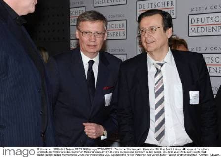 Deutscher Medienpreis. Moderator Günther Jauch links und Produzent Hans Mahr anläßlich der Verleihung des Deutschen Medienpreises am 07.03.2016 im Kongress Centrum Baden Baden.