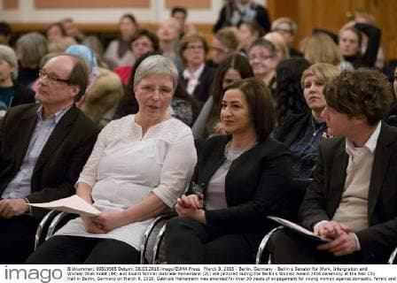 March 8, 2016 - Berlin, Germany - Berlin s Senator for Work, Intergration and Women Dilek Kolat (3R) and Award Winner Gabriele Heinemann (2L) are pictured during the Berlin s Women Award 2016 ceremony at the Red City Hall in Berlin, Germany on March 8, 2016. Gabriele Heinemann was awarded for over 30 years of engagement for young women against domestic, family and sexual violence in the district of Neukoelln. Berlin Germany  - ZUMAn230