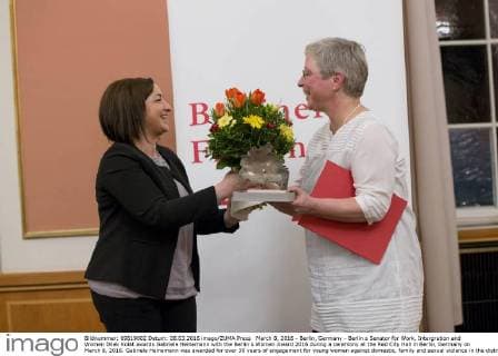 March 8, 2016 - Berlin, Germany - Berlin s Senator for Work, Intergration and Women Dilek Kolat awards Gabriele Heinemann with the Berlin s Women Award 2016 during a ceremony at the Red City Hall in Berlin, Germany on March 8, 2016. Gabriele Heinemann was awarded for over 30 years of engagement for young women against domestic, family and sexual violence in the district of Neukoelln. Berlin Germany  - ZUMAn230