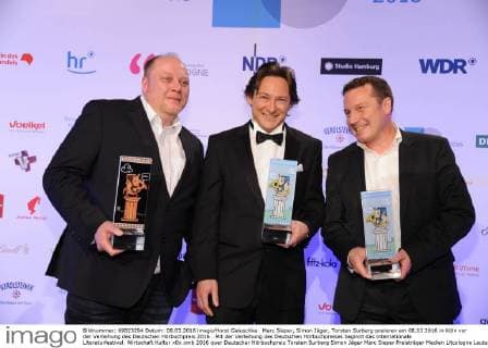 Marc Sieper, Simon Jäger, Torsten Surberg posieren am 08.03.2016 in Köln vor der Verleihung des Deutschen Hörbuchpreis 2016 . Mit der Verleihung des Deutschen Hörbuchpreises beginnt das internationale Literaturfestival.